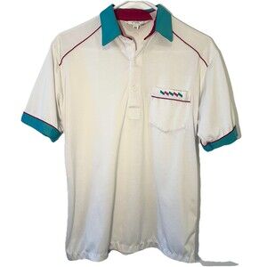 Vintage Men’s Sears Polo Shirt White Teal Burgundy Pocket Short Sleeve Size M